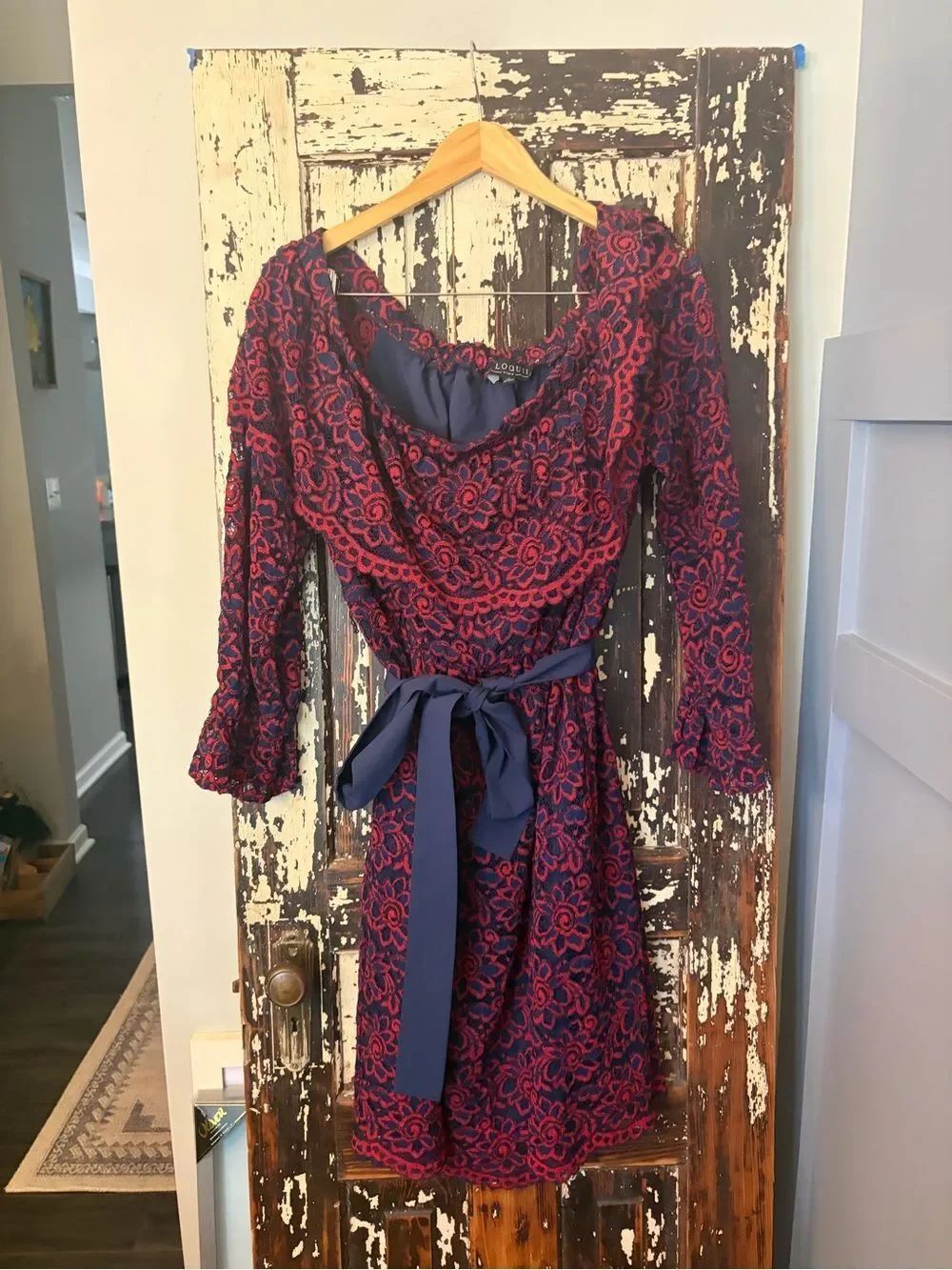 Eloquii Studio Navy Dresswith Red Floral Lace and Waist Tie. Women’s size 16